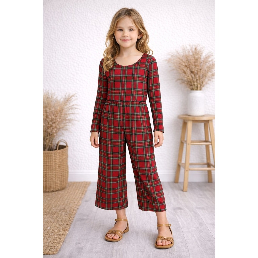 GIGI AND MAX Kids Girls Plaid Jumpsuit 8Y Red Long Sleeve Wide Leg Soft Bamboo